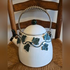 Vintage Via Acona Enamel Whistling Teakettle English Garden Green Ivy